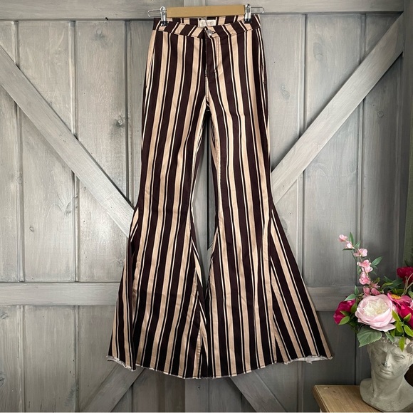 Western Festival Big Flare Chocolate Brown Stripe Pants jeans high rise size 26 - Picture 1 of 3